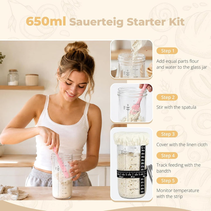 Sauerteig Starter Set mit Gärkörbchen(runde 23cm & ovale 25cm), Brot Backen Zubehör Komplettset, 650