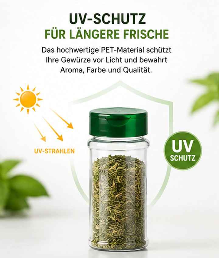 NaturGut 20 leere PET-Gewürzdose 100 ml mit UV-Schutz inkl. grüner Streuverschluss Dual Flap Flapper