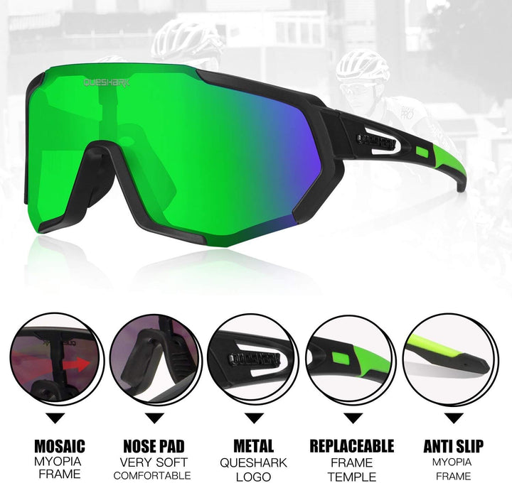 Queshark Sportbrillen Fahrrad Brillen Damen Herren Polarisierte UV400 Schutz mit 5 Wechselgläser Rad