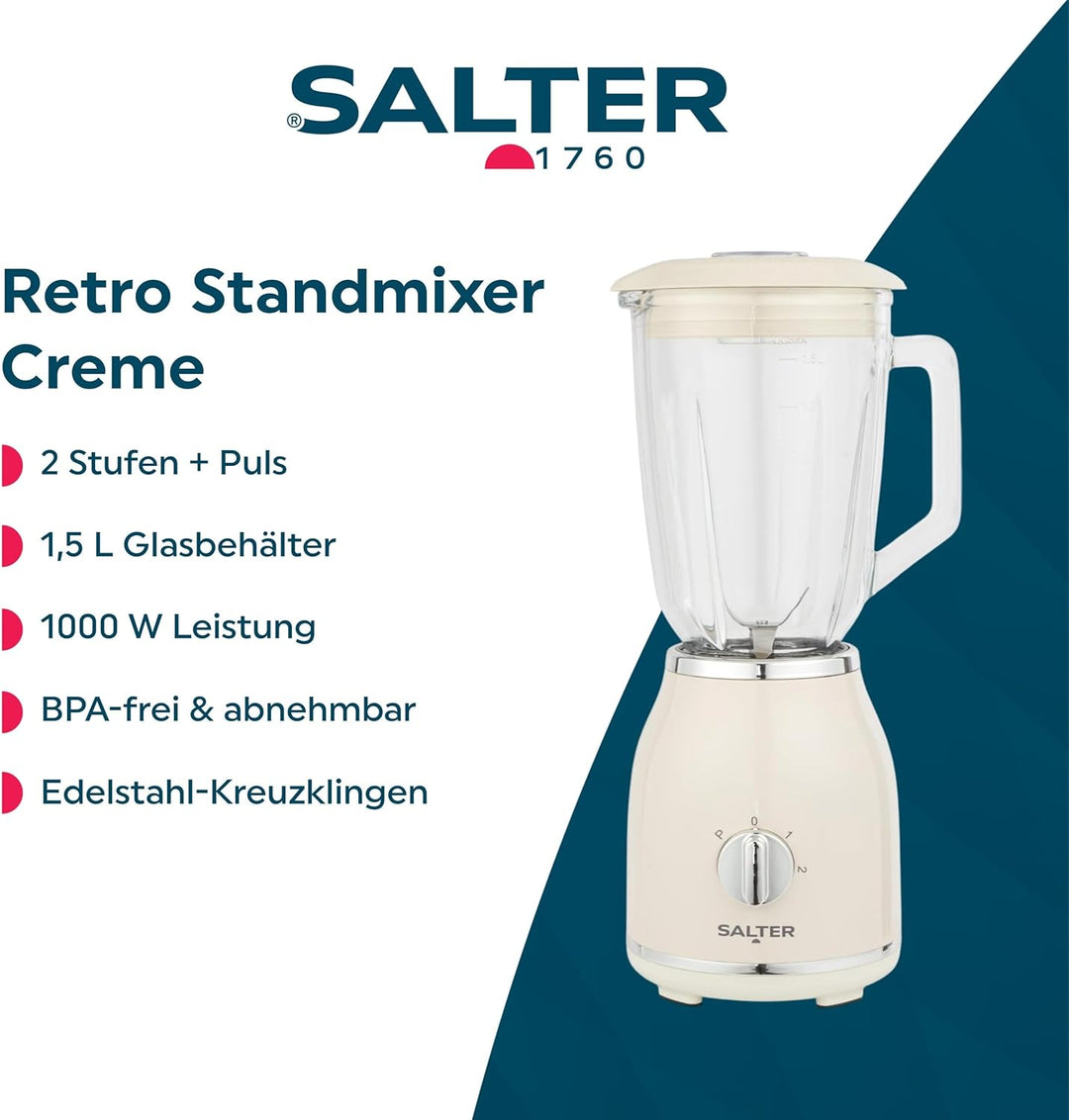 Salter Retro Cream Jug Blender - BPA-freier abnehmbarer 1,5-Liter-Glasbehälter, 2 Geschwindigkeiten