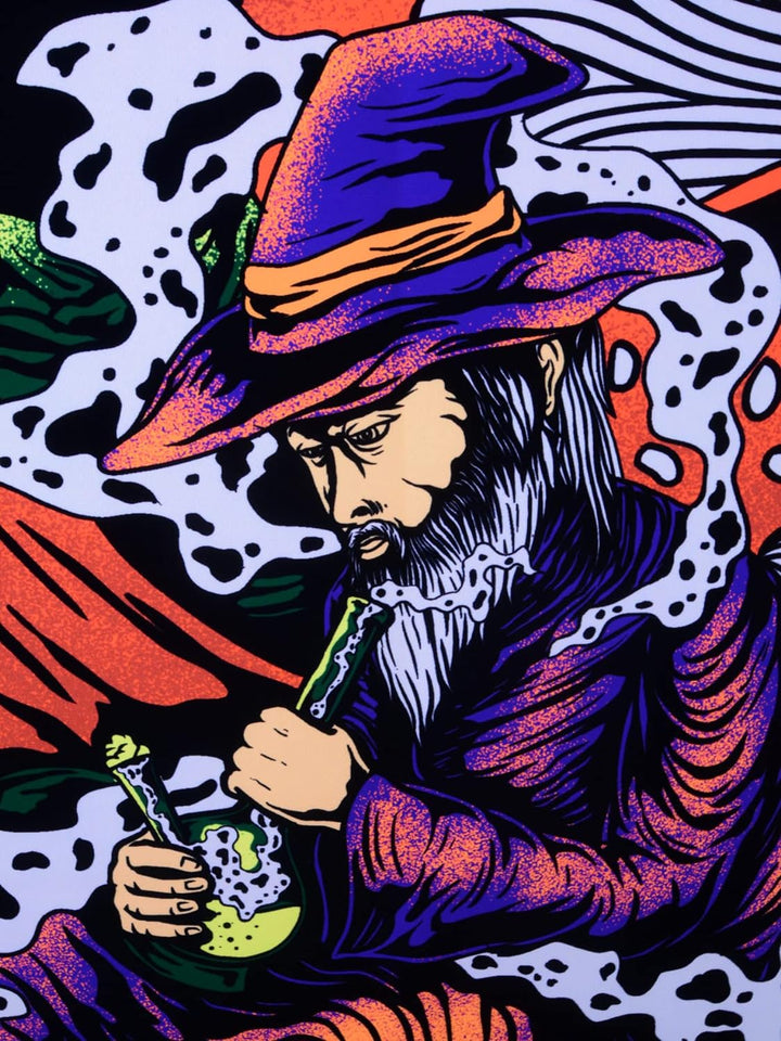 PSYWORK Schwarzlicht Stoffposter Neon | Magic Mushroom Druid | 1,5 x 2,25m | UV-aktiv | fluoresziere
