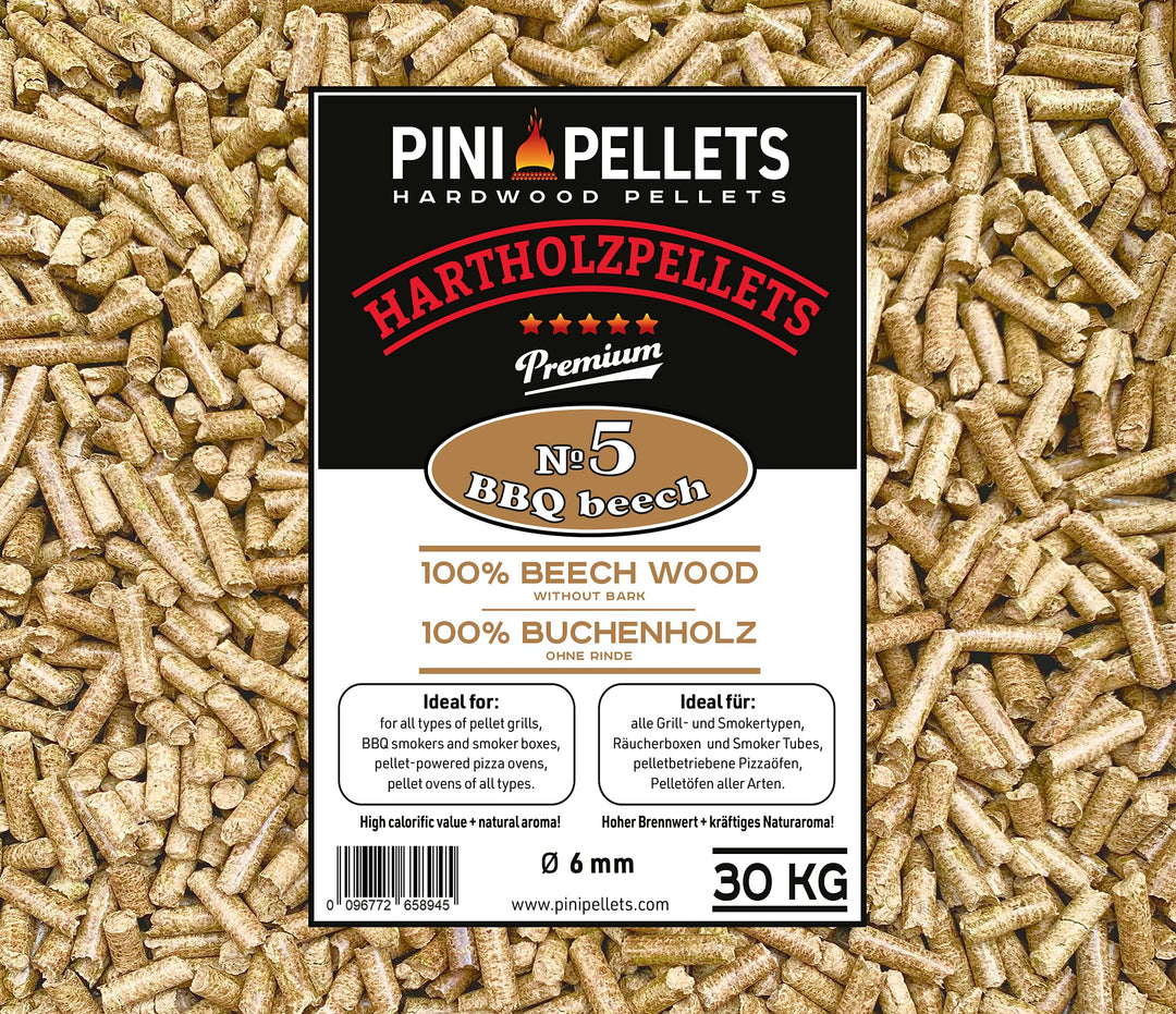 PINI Hartholzpellets 100% Buche № 5 BBQ Beech 30 Kg Grillpellets zum Grillen Räuchern Smoken Heizen