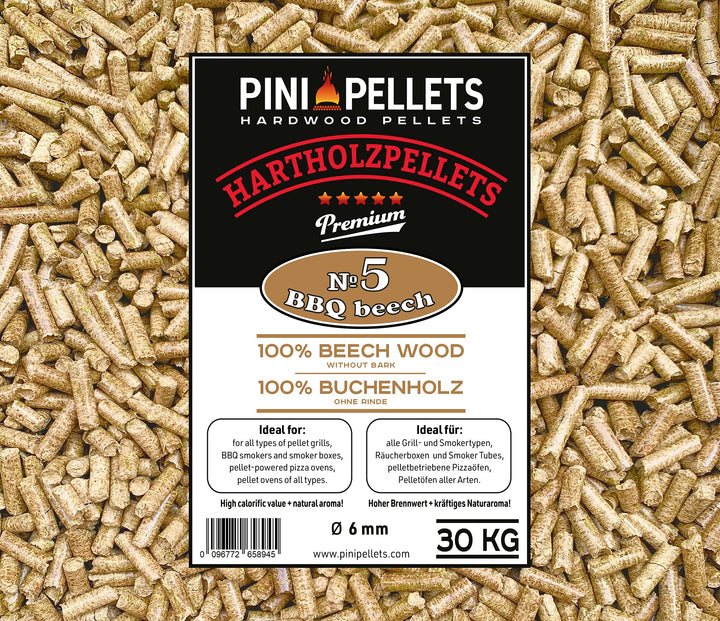 PINI Hartholzpellets 100% Buche № 5 BBQ Beech 30 Kg Grillpellets zum Grillen Räuchern Smoken Heizen