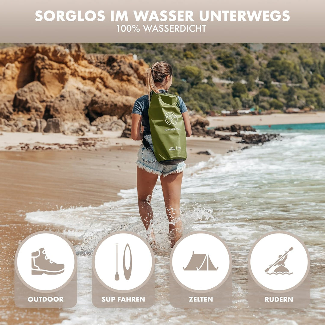 NATURBUMMLER Dry Bag 20L [Aqua Secure+] 100% wasserdichte Tasche mit Schultergurt & Rucksackfunktion