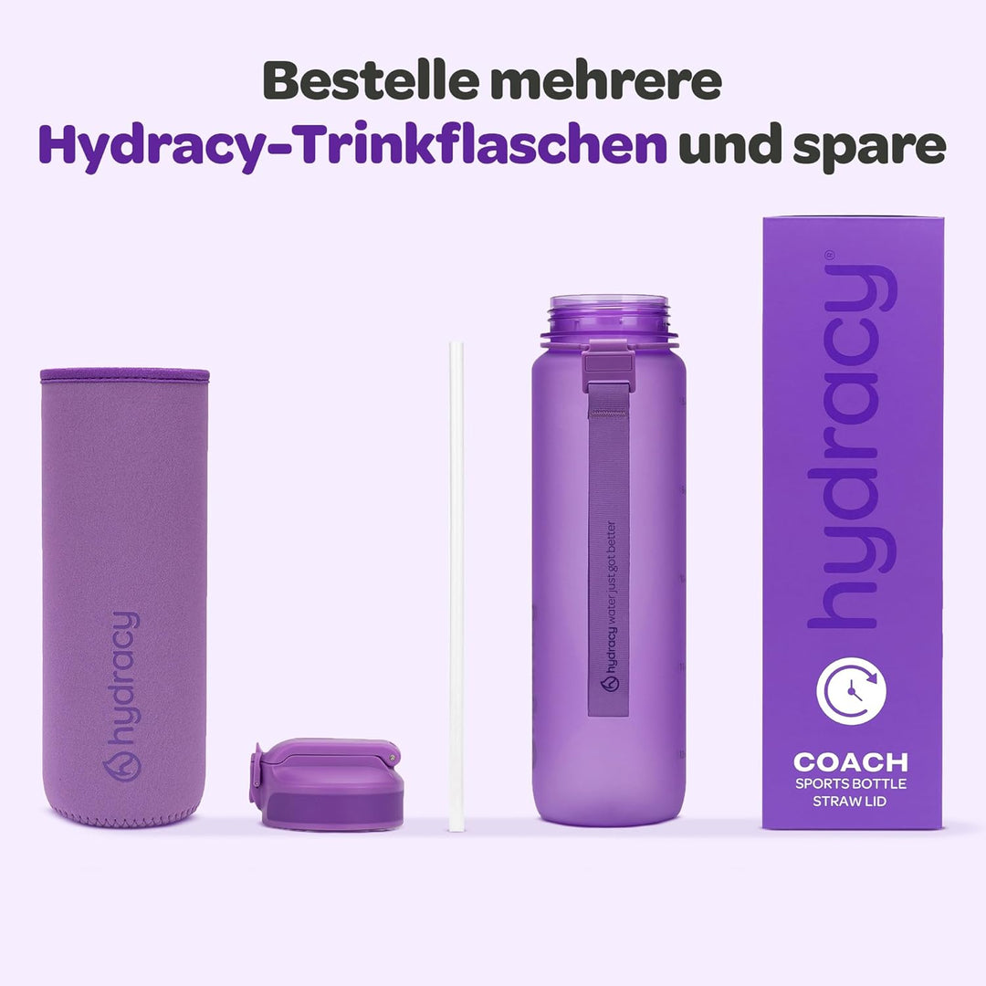 Hydracy Trinkflasche mit Strohhalm und Zeitmarkierung - 1L Wasserflasche - BPA-freie Trinkflasche -