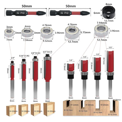 27 Stück 8mm Schaft Bündigfräser-Set, mit Schlagmagnet-Bits, Lager, Schraubenschlüssel, 8mm Schaftfr