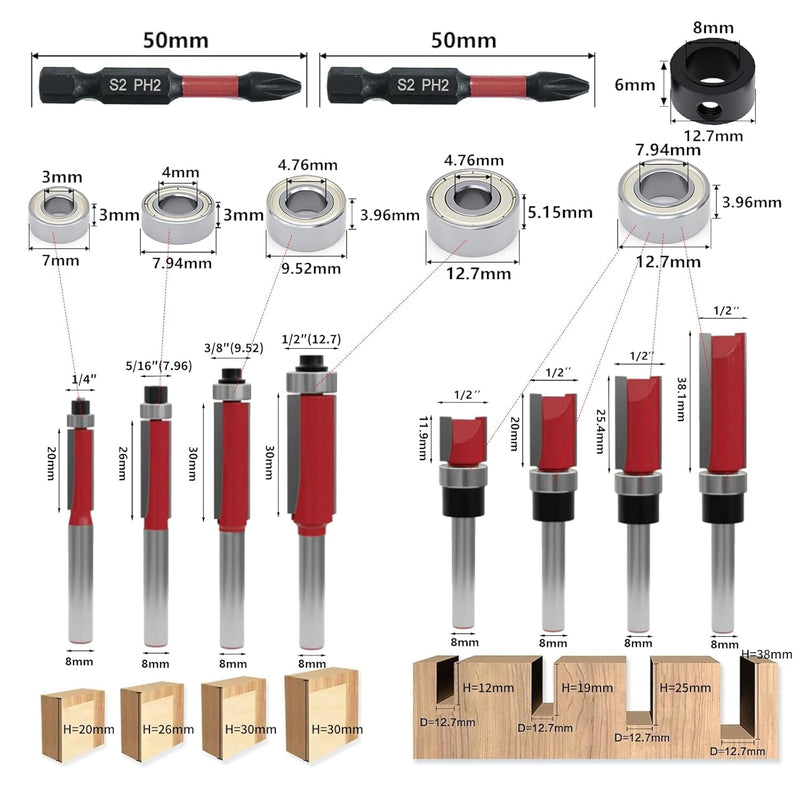 27 Stück 8mm Schaft Bündigfräser-Set, mit Schlagmagnet-Bits, Lager, Schraubenschlüssel, 8mm Schaftfr