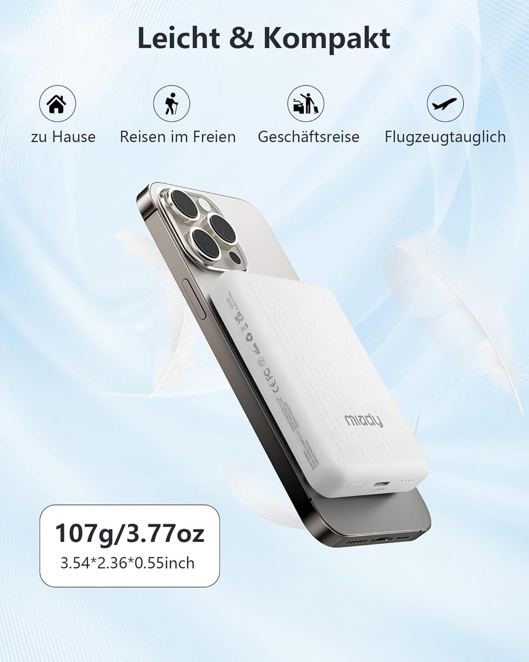 [2 Stück] Miady Powerbank für Magsafe, 5000mAh kabelloses magnetisches Ladegerät, ultradünner tragba