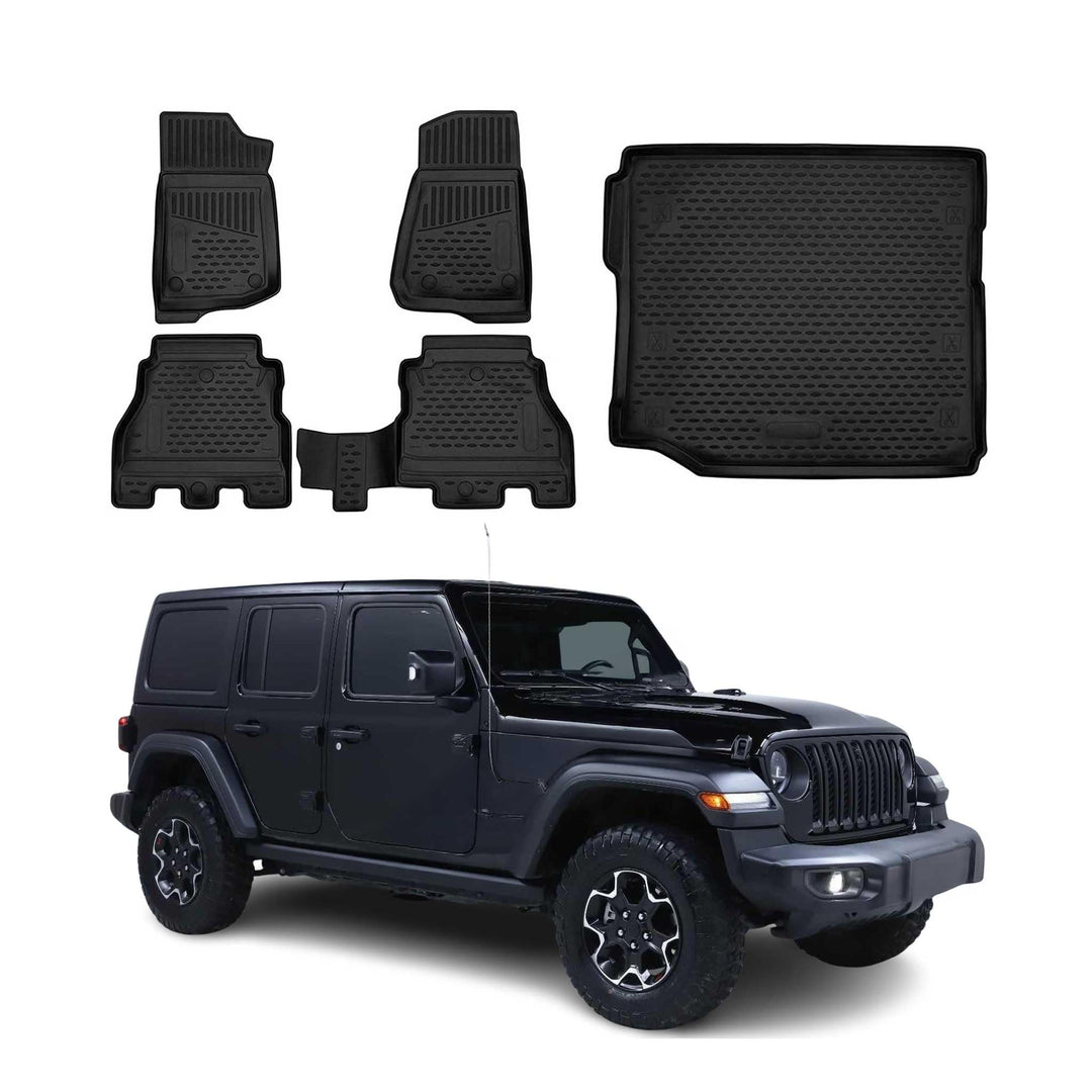 OMAC Fussmatten & Kofferraumwanne Set kompatibel mit Jeep Wrangler 2018-2025 Gummi TPE Schwarz 5X Fu