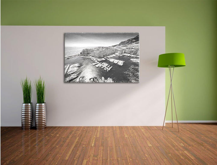 Pixxprint Atemberaubende Küste von Monaco Kunst Kohle Effekt, Format: 100x70 auf Leinwand, 100x70