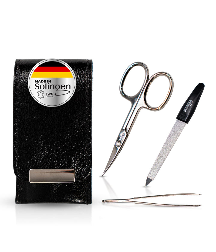 Solingen Echt Leder Maniküre Set 3 teilig - Schwarz - Maniküre Set Damen &amp; Herren, Leder LWG zertifi