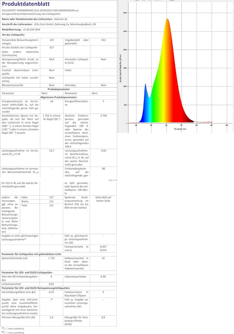 ledscom.de E27 LED Leuchtmittel, PAR38 kurzer Hals, warmweiss (2700 K), 15,7 W, 1152lm, 42°, Reflekt