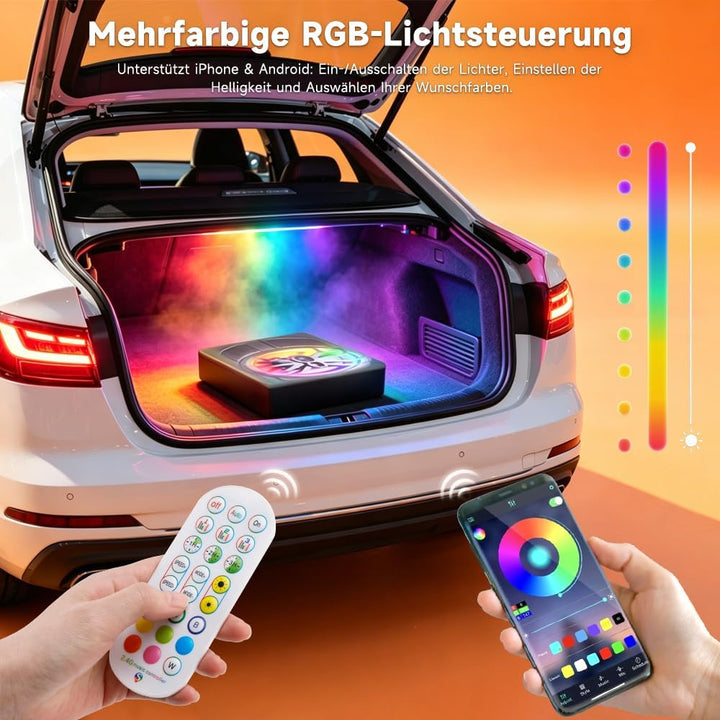 1200W 10 Zoll Slim Aktiv Subwoofer Auto mit APP Steuerung und Farblicht,12V Untersitz Auto Subwoofer