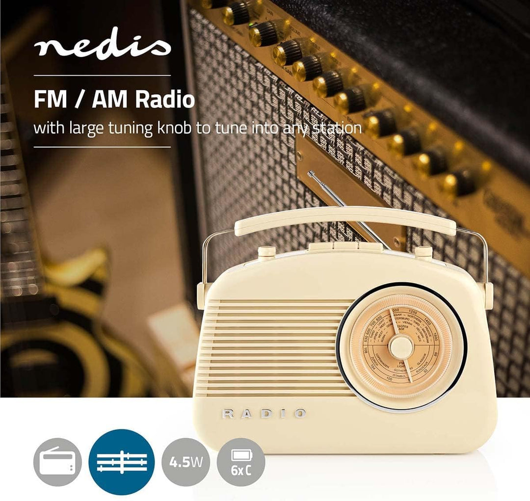 Nedis - UKW-Radio - 60 W - Bluetooth® - Retro-Design - Built-In Lithium-Ion - Integrierte Mikrofon -
