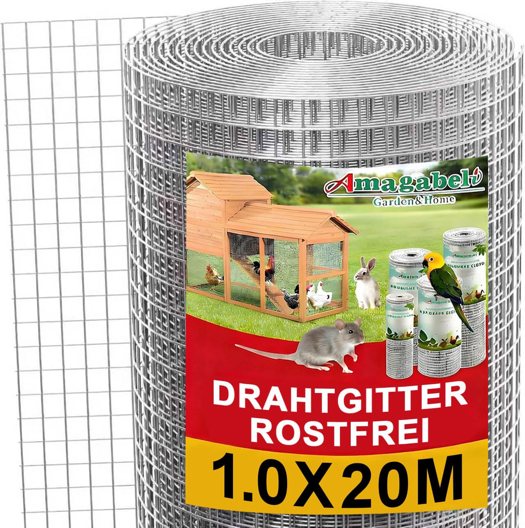 Amagabeli Drahtgitter Volierendraht 1m X 20m, Feuerverzinkt & Rostfrei (12x12mm) – Für Hochbeet, Vol