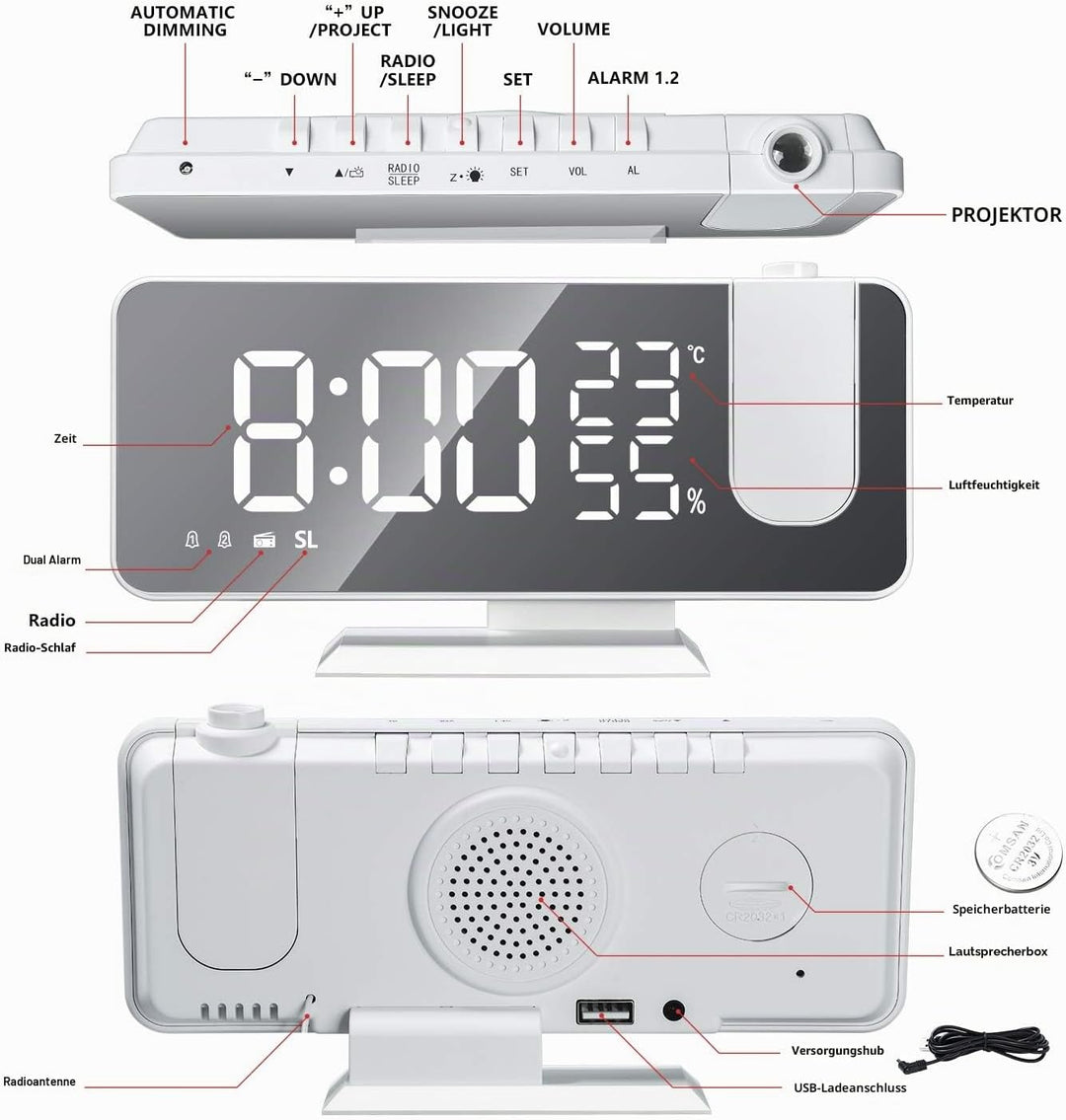 EVILTO Projektionswecker 180° Decke – Digitaluhr elektrisch Snooze-Funktion 12/24 Stunden Lautstärke