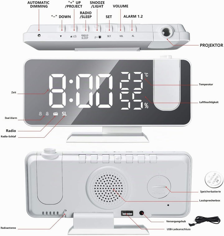 EVILTO Projektionswecker 180° Decke – Digitaluhr elektrisch Snooze-Funktion 12/24 Stunden Lautstärke