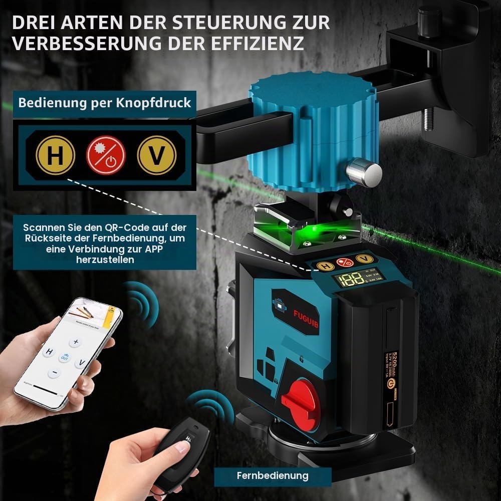 Kreuzlinienlaser Grün mit Stativ, FUGUIB 4D Laser Nivelliergerät mit 16 Linien, 2 Leistungsstarker 5