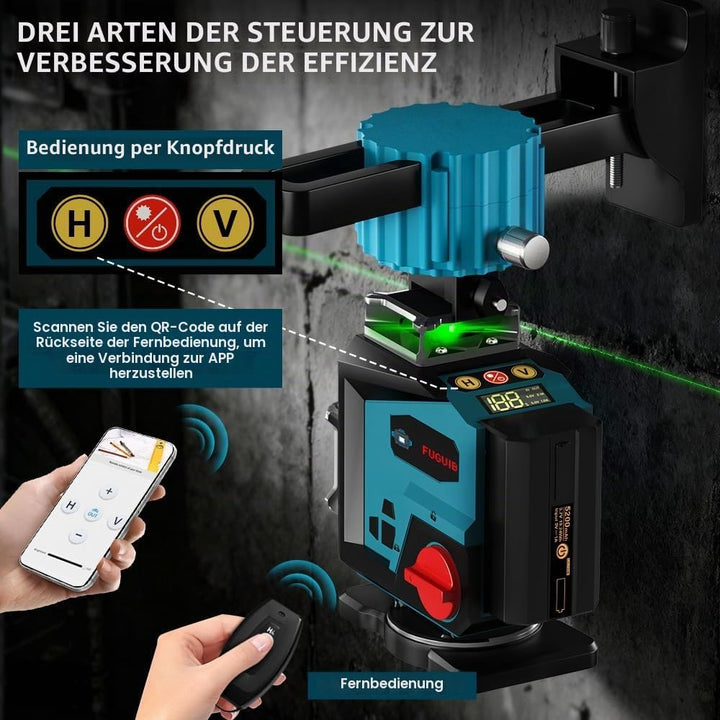 Kreuzlinienlaser Grün mit Stativ, FUGUIB 4D Laser Nivelliergerät mit 16 Linien, 2 Leistungsstarker 5