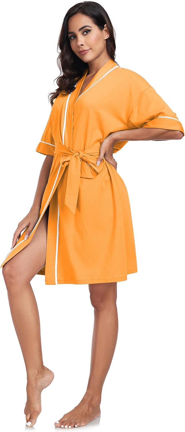 COLORFULLEAF 100% Baumwolle Bademantel Damen Kurz Morgenmantel Leicht Knielang Kimono Saunamantel Na
