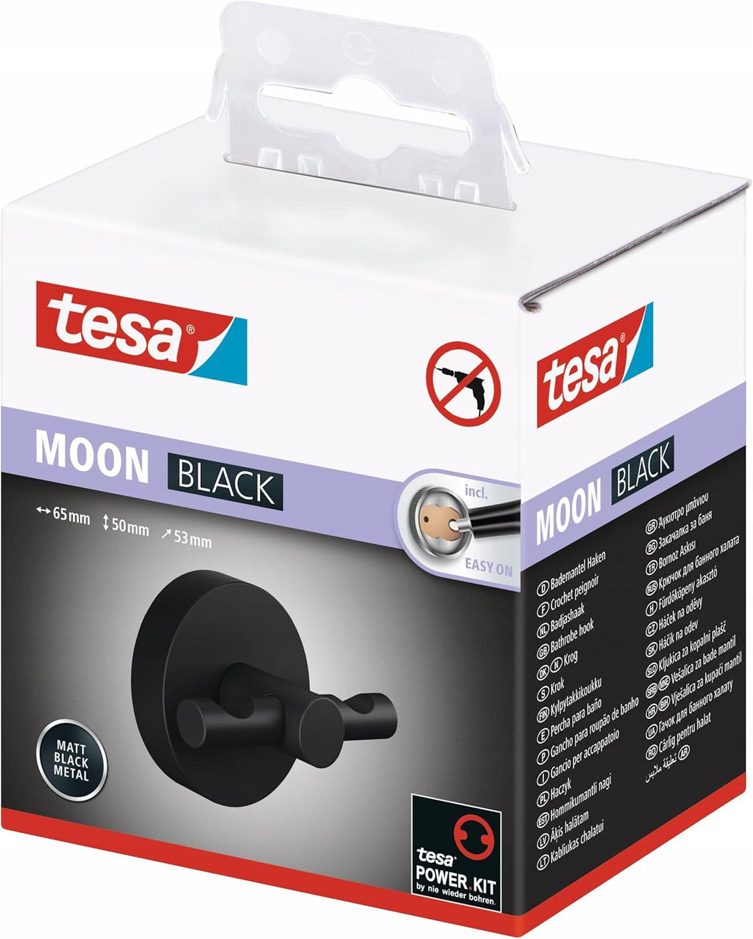 tesa MOON BLACK Bademantelhaken, matt schwarz - für Bäder im Industrial Style und moderne Badezimmer