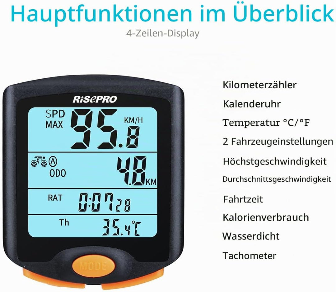 Risepro Kabelloser Fahrradcomputer, wasserdicht, Multifunktions-Fahrradcomputer mit hintergrundbeleu