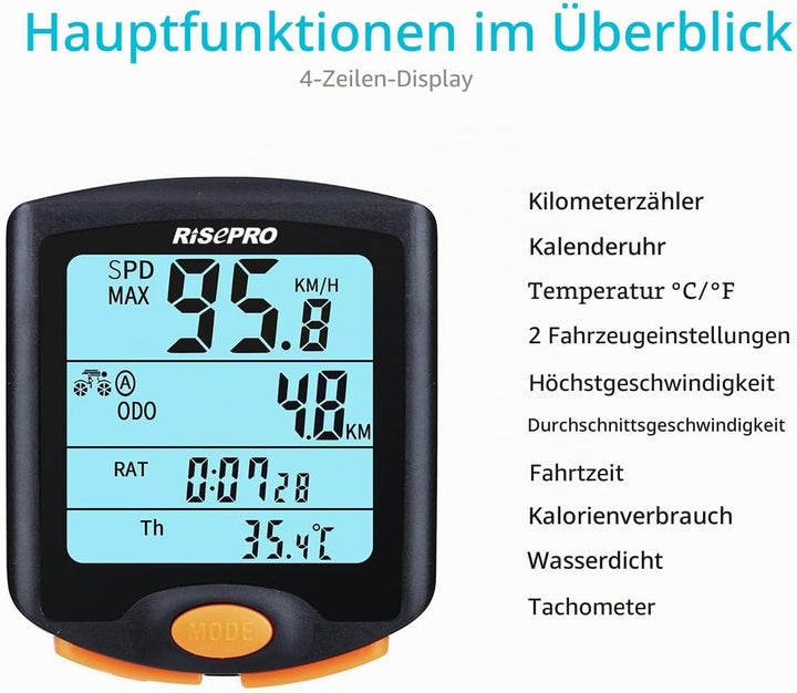 Risepro Kabelloser Fahrradcomputer, wasserdicht, Multifunktions-Fahrradcomputer mit hintergrundbeleu
