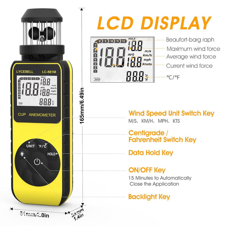 LYCEBELL Windmesser Windmessgerät, Handheld Digitaler Anemometer, Misst Windgeschwindigkeit Luftfeuc