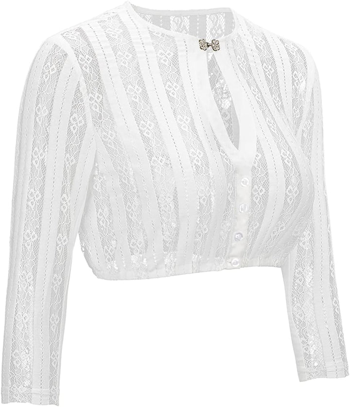 Dirndl Bluse Damen Hochgeschlossen Langärmlig 3/4 Arm V-Ausschnitt Atmungsaktiv mit Spitze Elegante