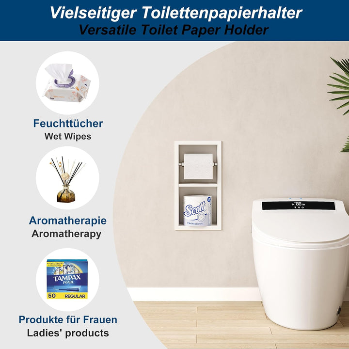 Neodrain Unterputz-Toilettenpapierhalter Edelstahl Wandnische mit Regal WC-Papierhalter Weiss Papier