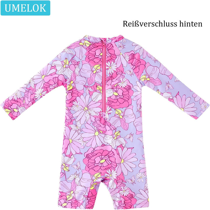 UMELOK Baby Badebekleidung Mädchen Badeanzug mit Sonnenhut UV Schutz 0-3 Monate Blumen, Rosa, 0-3 Mo
