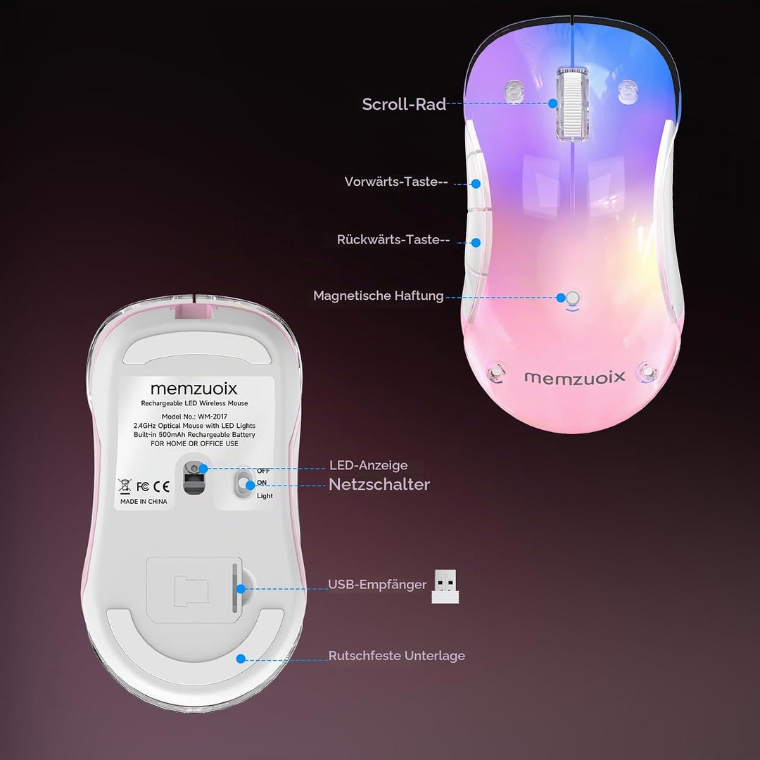 memzuoix LED Kabellose Maus – Wiederaufladbare 2.4G Optische Maus mit Magnetischer Abdeckung, Sanfte