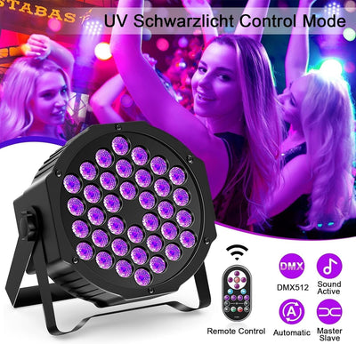 4er Schwarzlicht UV Par Strahler 36 LED DMX512 mit Fernbedienung schwarzlichtlampe mit Farbsprung üb