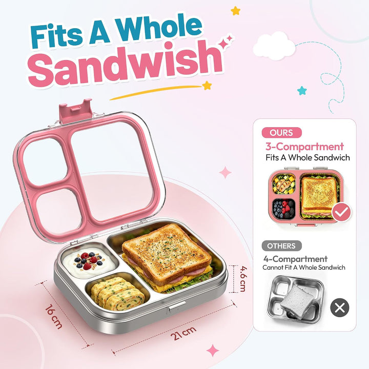 VITONIS Edelstahl Brotdose Lunchbox mit 3 Fächern, Bento Lunch Box Kinder Auslaufsicher BPA frei, Sp