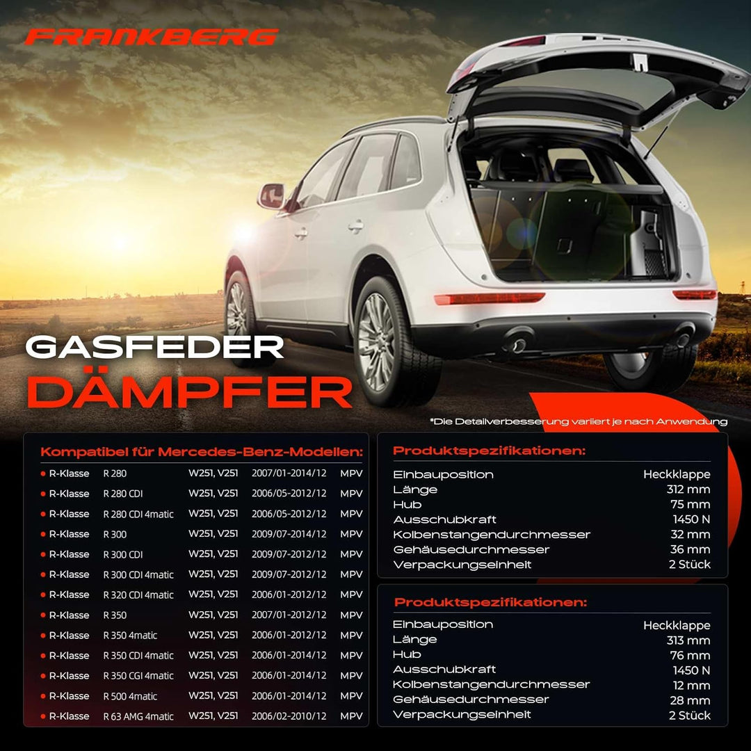Frankberg 2x Gasfeder Dämpfer Heckklappe Kompatibel mit W251 V251 R280 R300 R320 R350 R500 R63 MPV 2