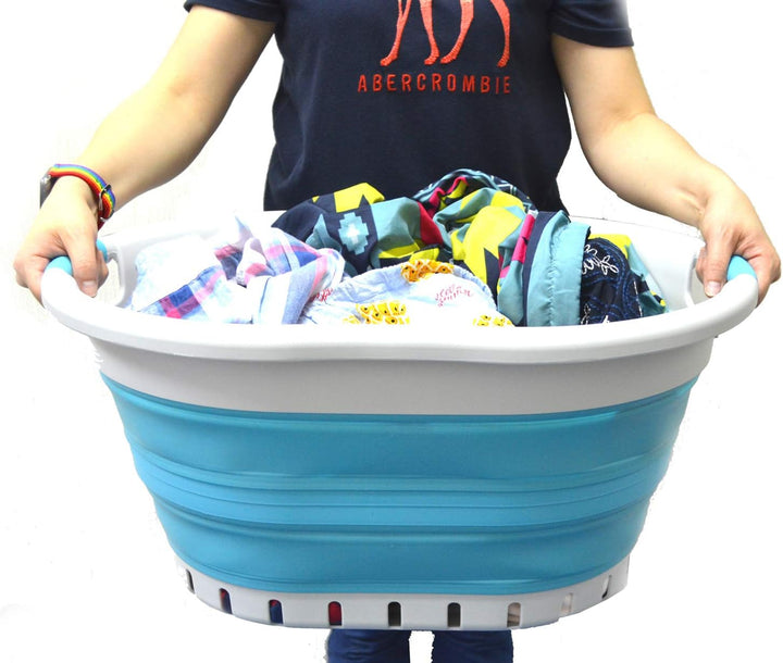 SAMMART 36L Collapsible 3 Handled Plastic Laundry Basket (Grau/Hellblau, 2) Grau/Hellblau 2, Grau/He
