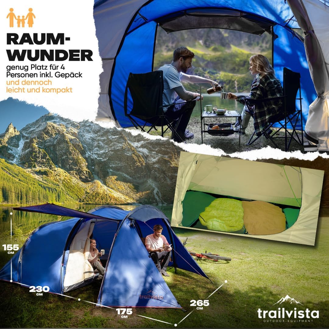 Cevedale Zelt 4 Personen Wasserdicht, leicht, kompakt & schnell aufbaubare Zelte, Camping Zelt mit V