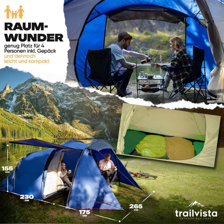 Cevedale Zelt 4 Personen Wasserdicht, leicht, kompakt & schnell aufbaubare Zelte, Camping Zelt mit V