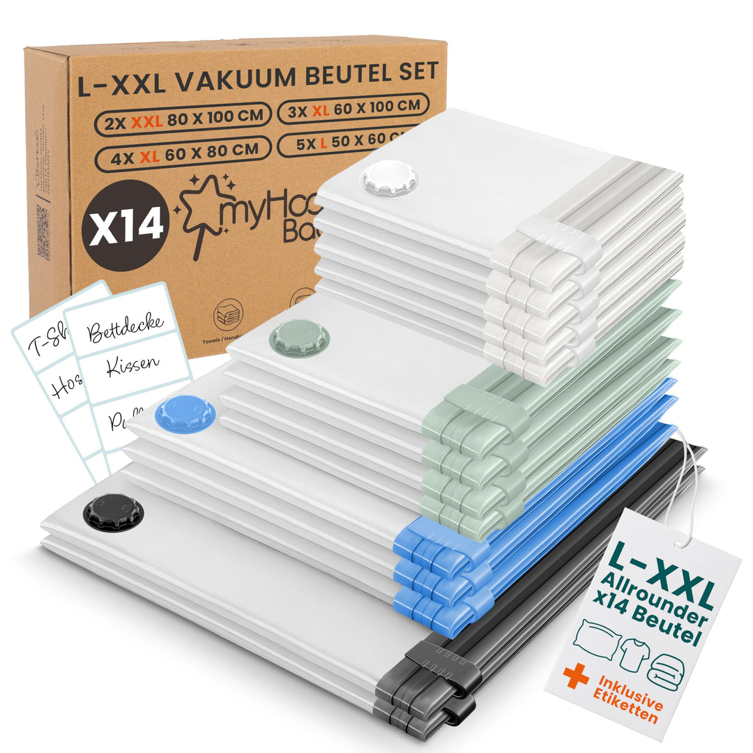 myHodo Vakuumbeutel 14er Set, 2 XXL (80x100cm), 3 XL (60x100cm), 4 XL (60x80cm), 5 L (50x60cm) – Pla