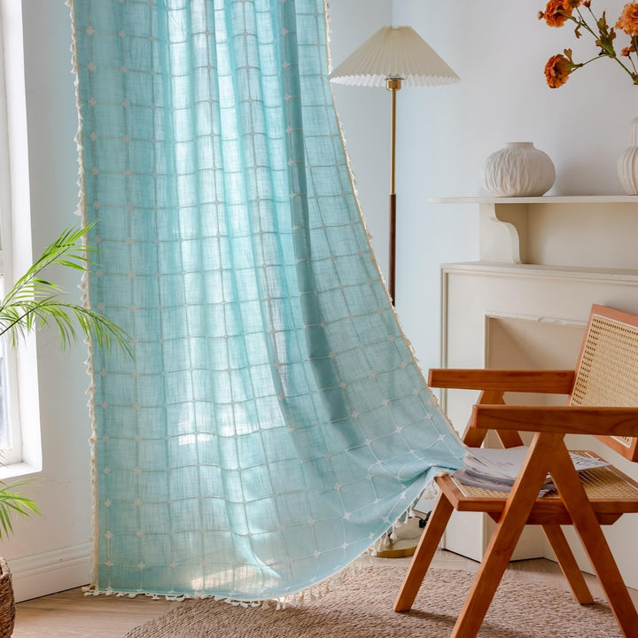 Sutuo Home Boho-Vorhang, Plaids für Schlafzimmer, halbverdunkelnd, Leinen, Bauernhaus-Quasten, Fenst
