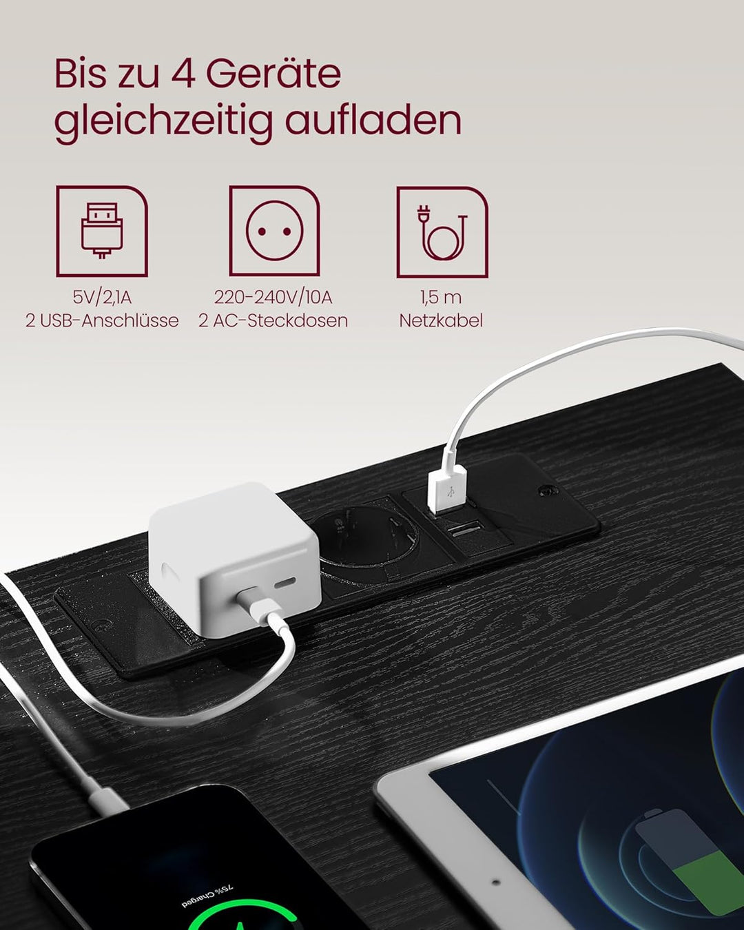 VASAGLE Kailyn Kollektion - Nachttisch mit Steckdosenleiste, 2er Set, Beistelltisch, 3 Schubladen, 2
