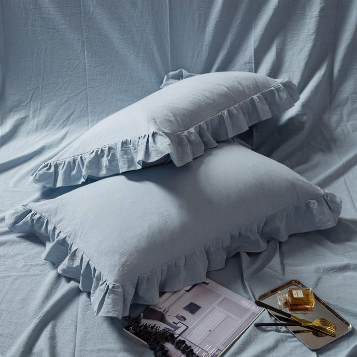 Lanqinglv Bettwäsche 200x220cm Gräuliches Blau mit Rüschen,aus 100% Weiche Microfaser Doppelbett - R