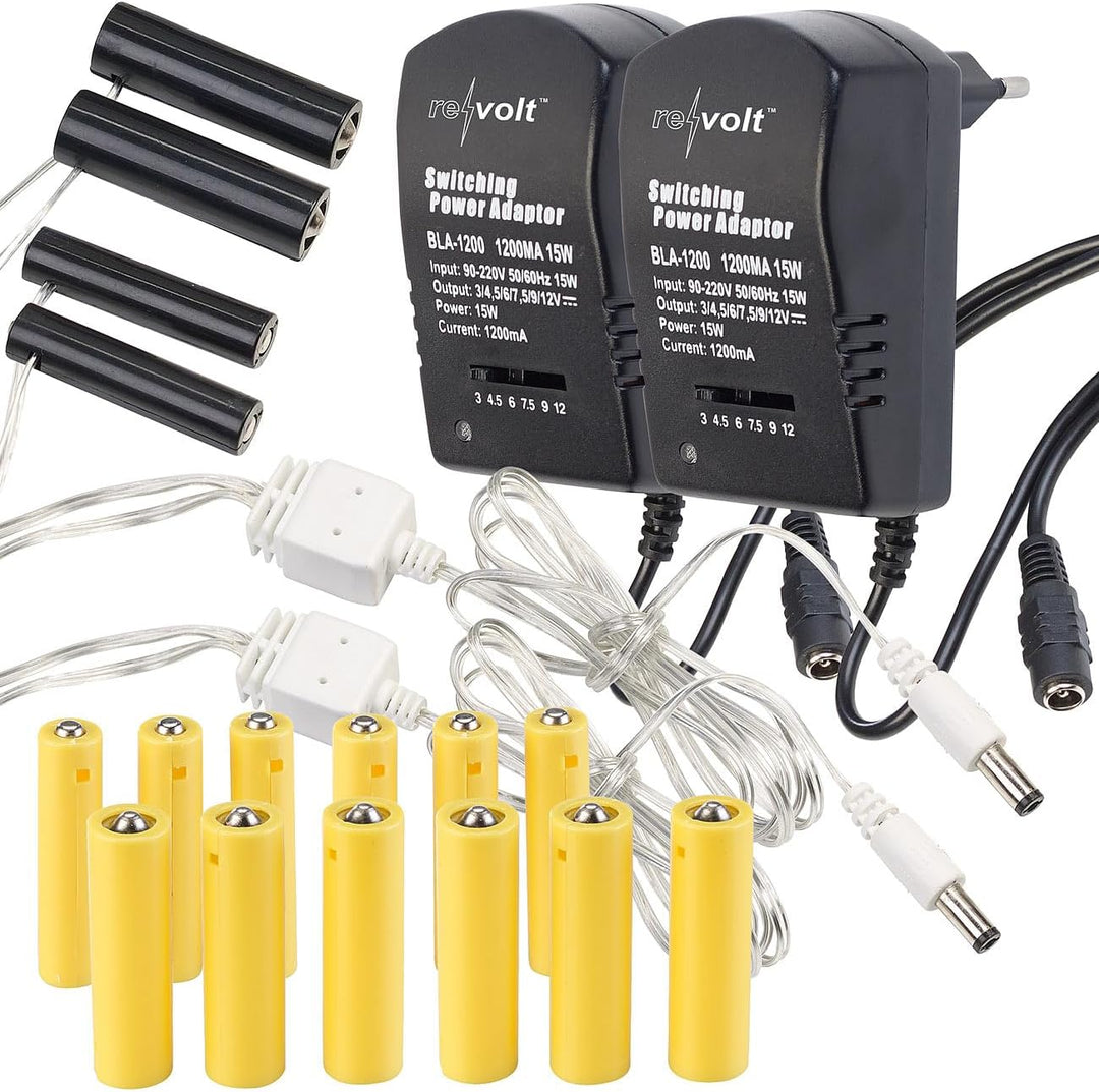 revolt Batterie Adapter 3X AA: 2er-Set Batterie-Netzteil-Adapter, ersetzt je 8 AA- und AAA-Batterien