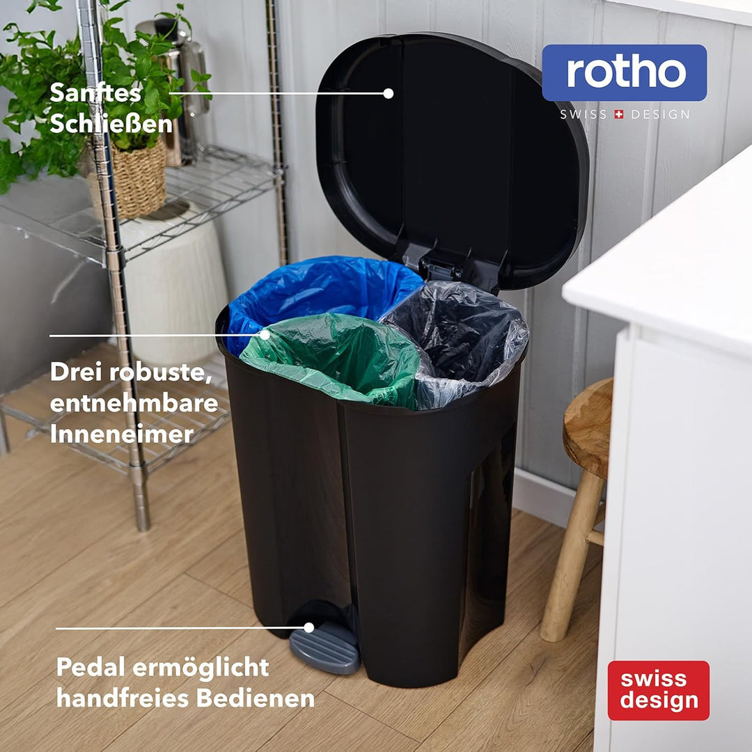 Rotho Trio Mülleimer 1x 10l + 2x 15l zur Mülltrennung mit Deckel, Kunststoff (PP) BPA-frei, schwarz,