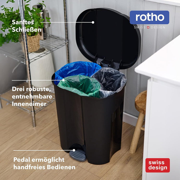 Rotho Trio Mülleimer 1x 10l + 2x 15l zur Mülltrennung mit Deckel, Kunststoff (PP) BPA-frei, schwarz,