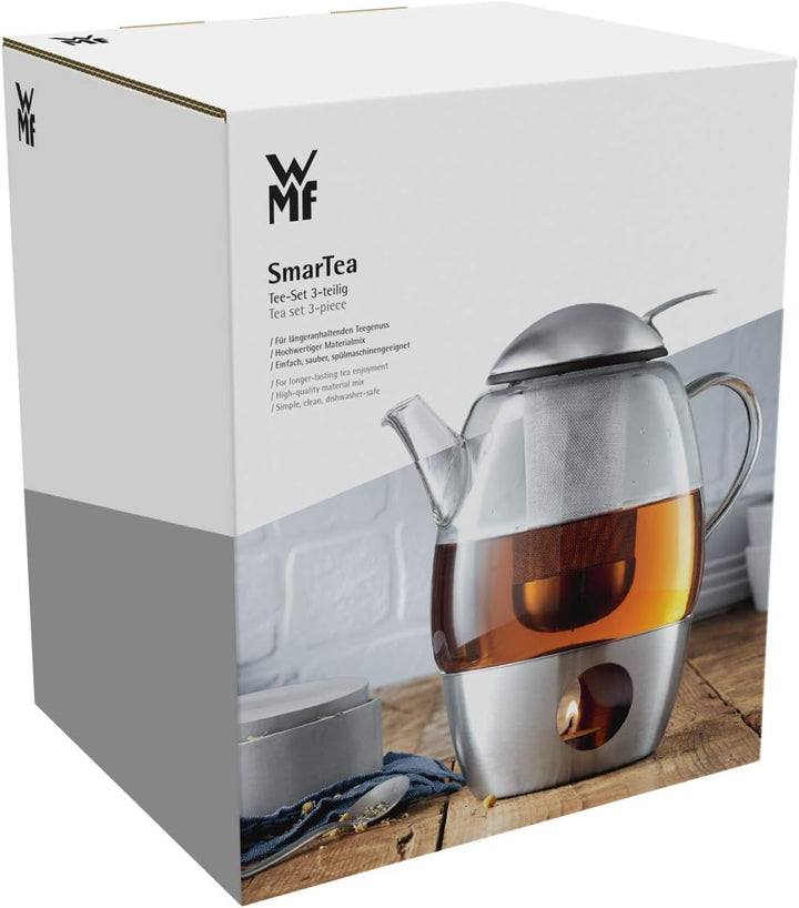 WMF SmarTea Teekanne mit Stövchen Set 3-teilig, Cromargan Edelstahl, Glaskanne 1l mit Siebeinsatz un