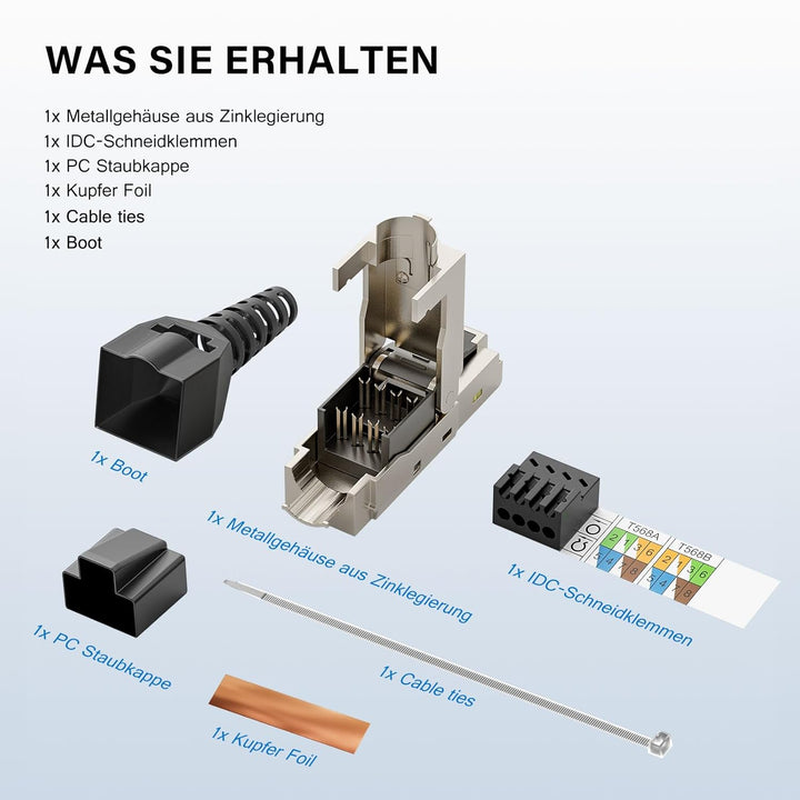 iwillink RJ45 Stecker Werkzeuglos, CAT7 Netzwerkstecker, LAN Stecker Ethernet Verlegekabel 10Gbit/s,