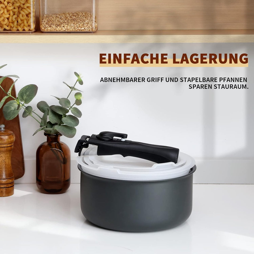 Fadware Kochtopf Set 7 tlg | 16+18+20 cm | 1 abnehmbarer Griff und 3 PE-Dichtungsdeckel | Induktion