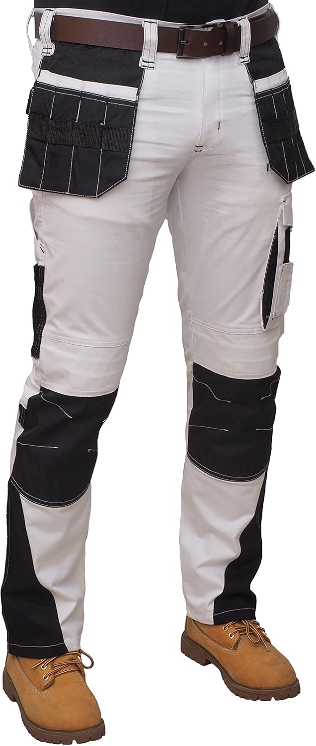 HASHOOB Herren Arbeitshose Maler Dekorateure Weisse Cargohose Pants Weiss-5 38W / 30L, Weiss-5 38W /