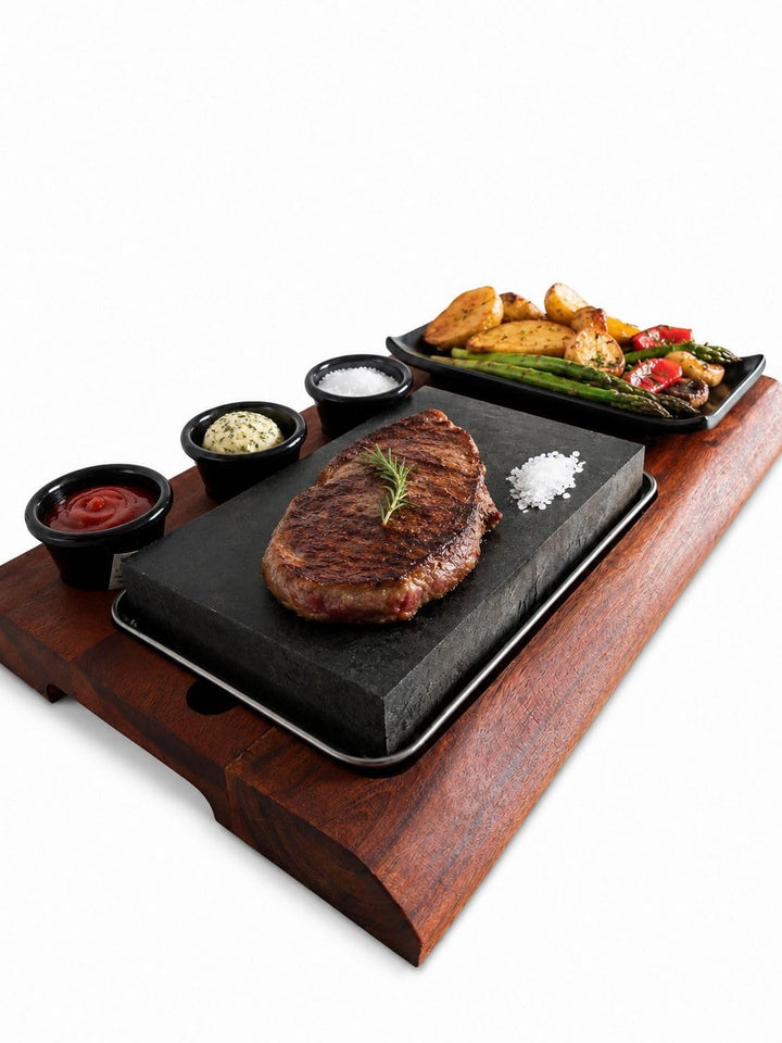 Heisser Stein Steak Set mit Akazienholzbrett – Lavastein zum Grillen am Tisch, Steakstein mit Edelst
